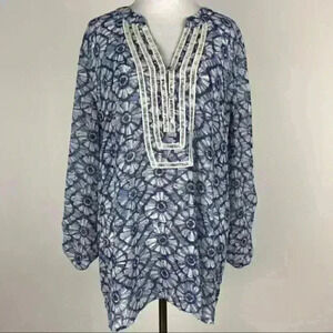 Multiples top sz XL white blue floral tab sleeve